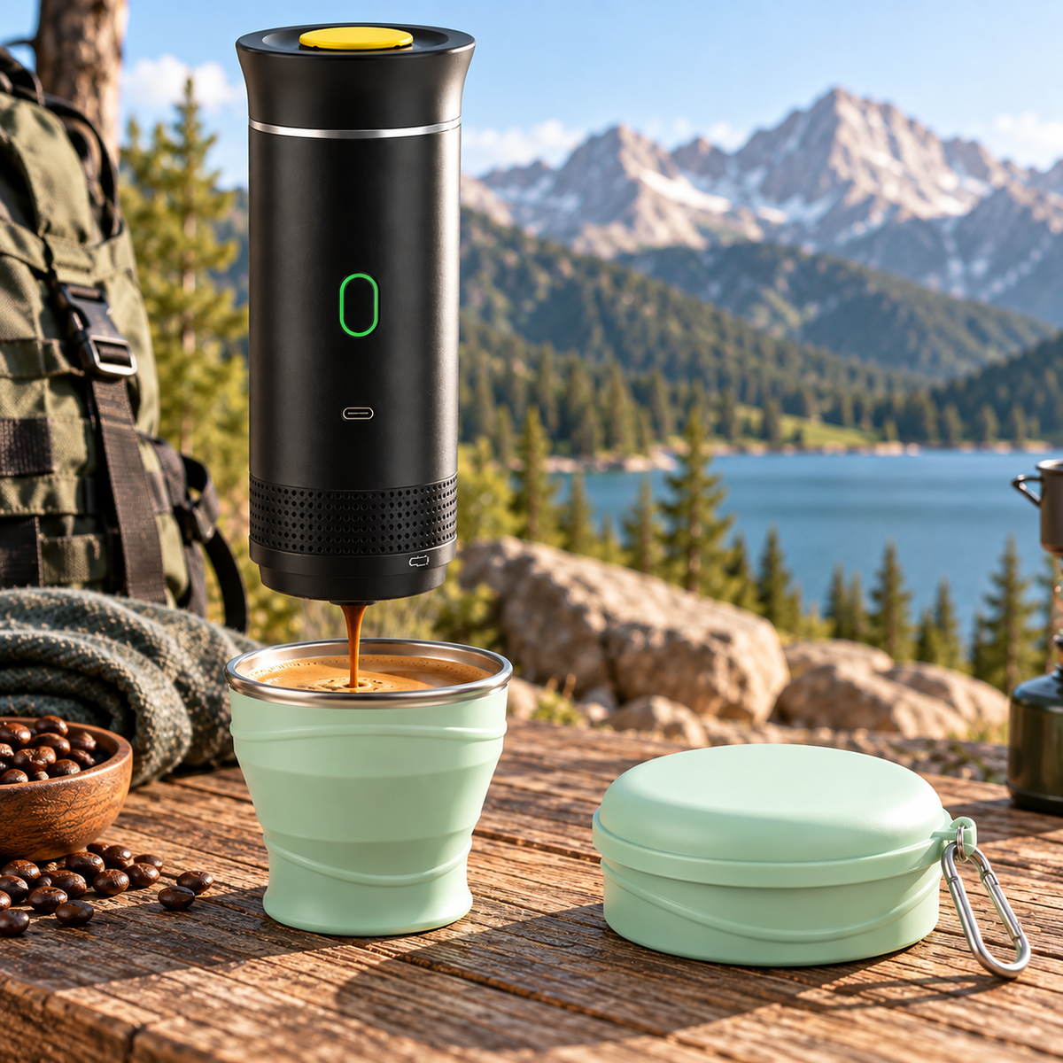 Volviax portable espresso machine brewing coffee into a collapsible travel cup outdoors