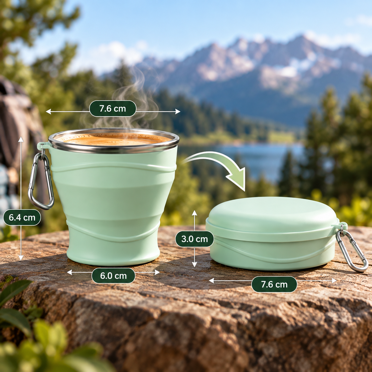 Volviax collapsible travel cup shown open and folded