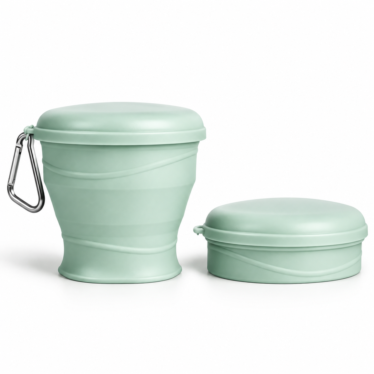 Volviax collapsible travel coffee cup in green, open and folded