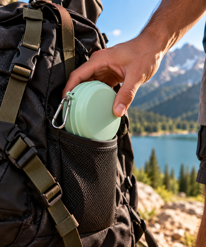 Folded Volviax collapsible travel cup stored in a hiking backpack
