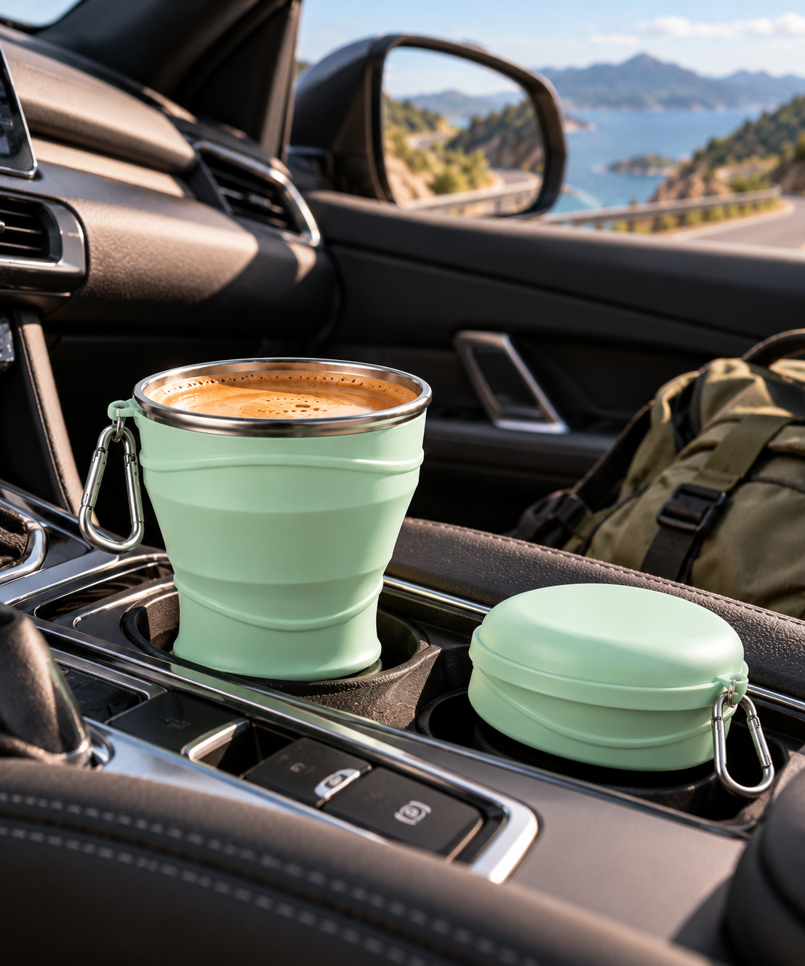 Volviax collapsible travel coffee cup in a car cup holder