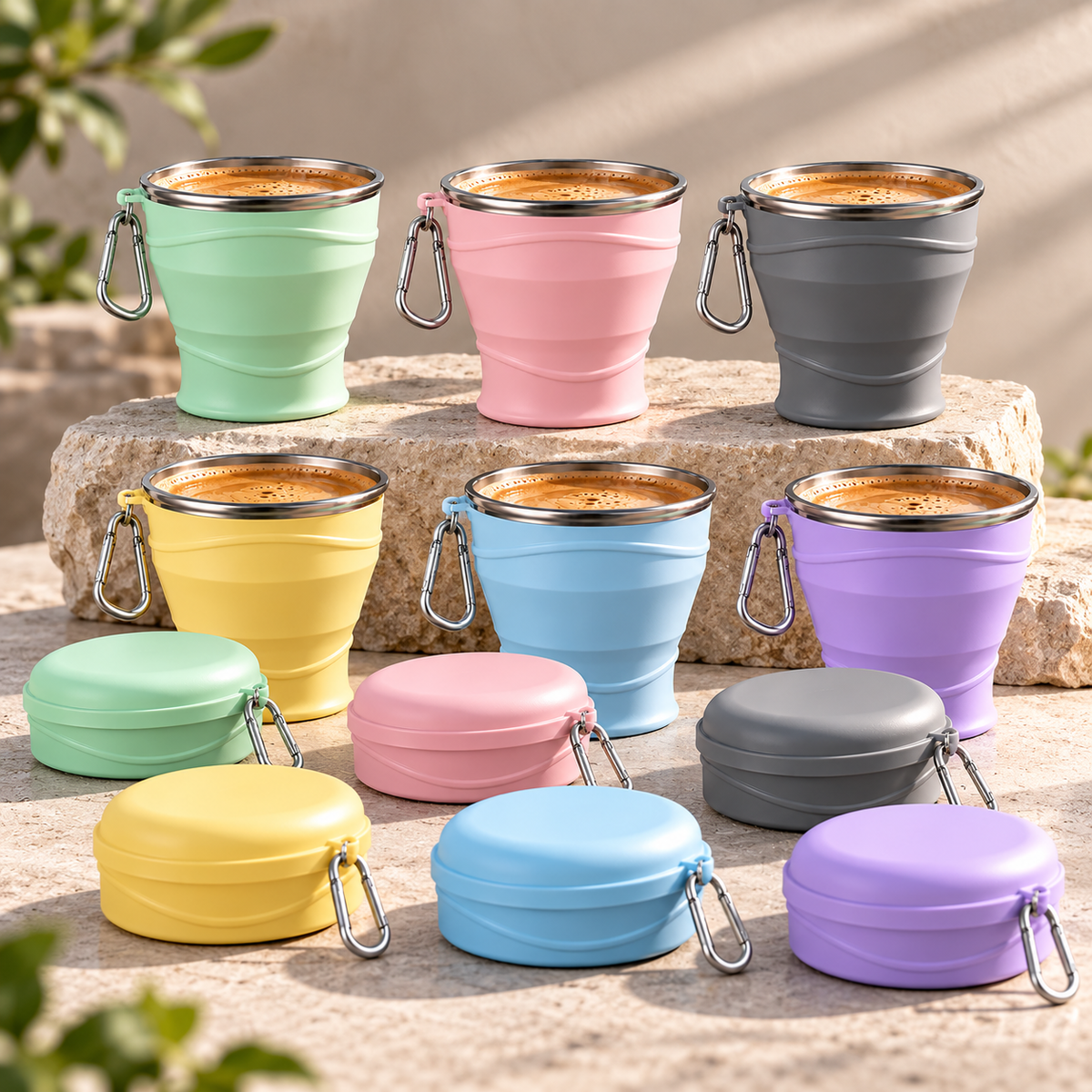 Volviax collapsible travel cups in six available colors.